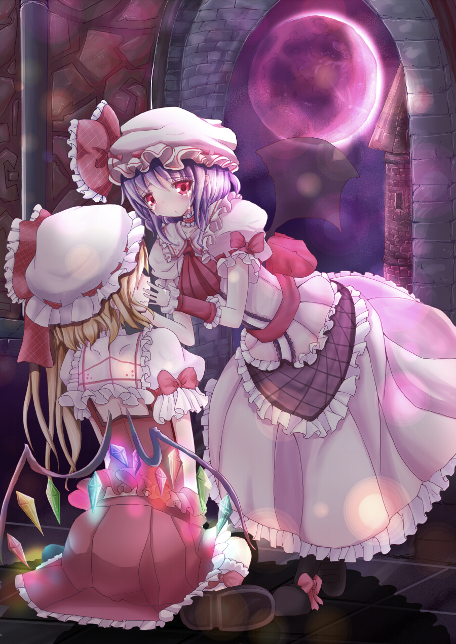 arch ascot bat_wings blonde_hair blouse boots bow crying flandre_scarlet frills full_moon hands_on_another's_face haru_ion hat hat_ribbon highres kneehighs lavender_hair light_particles mob_cap moon multiple_girls puffy_short_sleeves puffy_sleeves red_eyes red_moon remilia_scarlet ribbon sash shadow short_hair short_sleeves side_ponytail sitting skirt stone_floor stone_wall streaming_tears tears touhou tower wall wariza wavy_mouth wings wrist_cuffs
