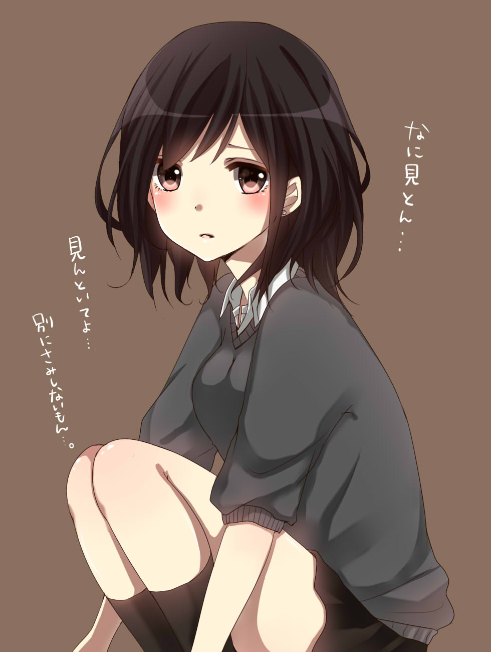 black_hair blush brown_eyes highres looking_at_viewer open_mouth original school_uniform short_hair short_sleeves skirt sleeves_pushed_up solo squatting sweater translated yamasuta