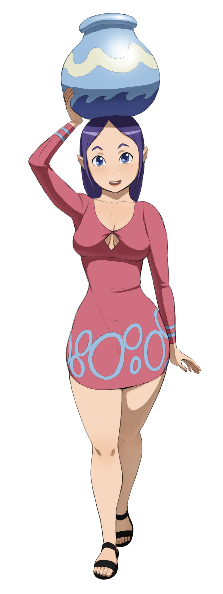 absurdres balancing_on_head bangs bare_legs blue_eyes blush breasts carrying cleavage cleavage_cutout curvy dress full_body highres large_breasts long_hair nikcesco object_on_head older parted_bangs pointy_ears pot purple_hair sandals slender_waist smile solo sue-belle the_legend_of_zelda the_legend_of_zelda:_the_wind_waker toes transparent_background wide_hips