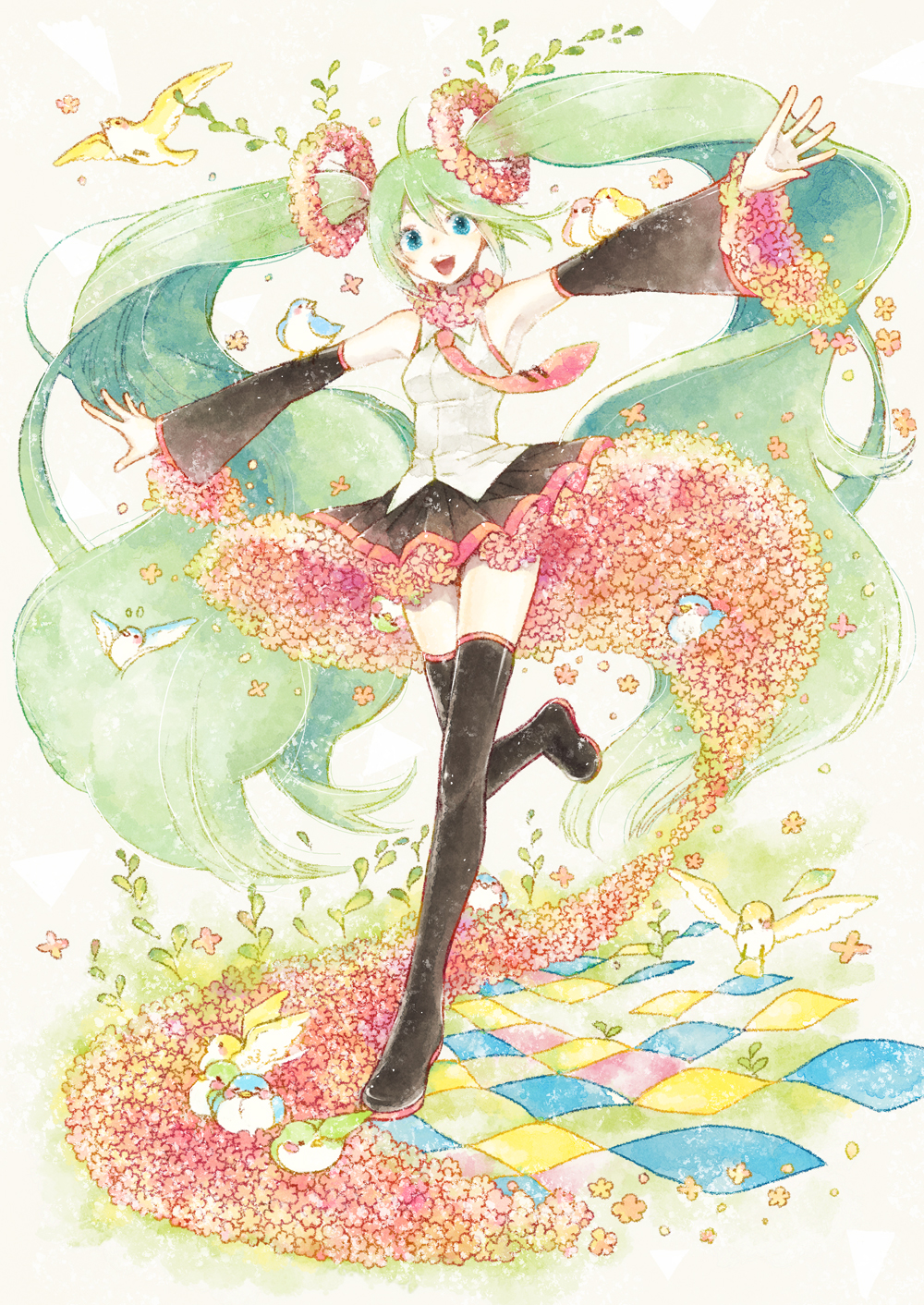 bird boots cako_asida detached_sleeves green_eyes green_hair hatsune_miku highres long_hair necktie open_mouth outstretched_arms petals skirt solo spread_arms thigh_boots thighhighs twintails very_long_hair vocaloid