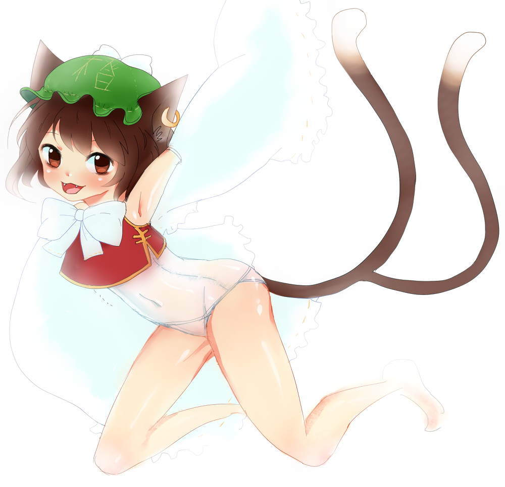 animal_ears armpits barefoot blush brown_eyes brown_hair cat_ears cat_tail chen earrings fangs flat_chest hat jewelry multiple_tails one-piece_swimsuit pltrgst school_swimsuit short_hair smile solo swimsuit tail touhou wet wet_clothes white_swimsuit
