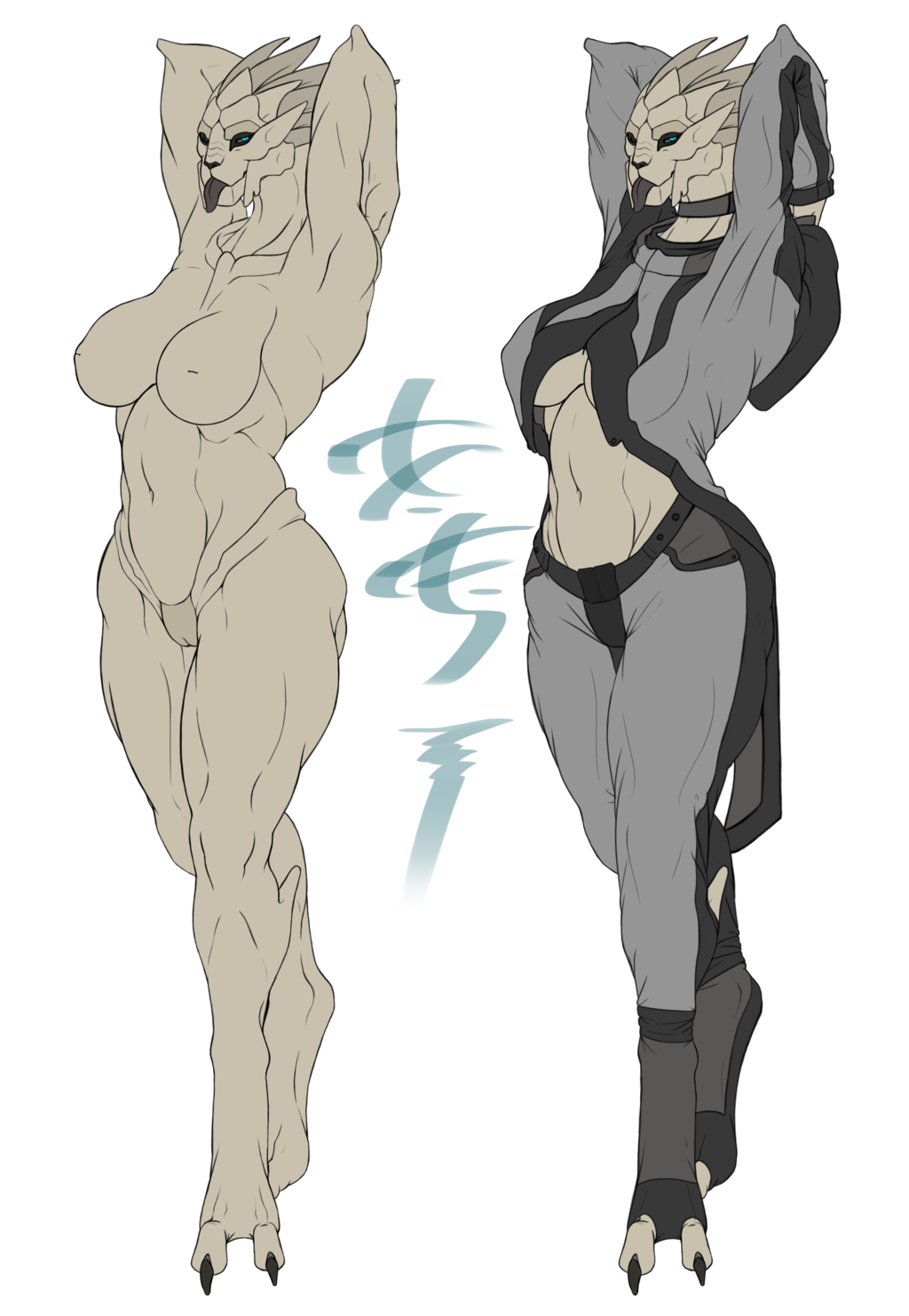 abs alien big_breasts breasts claws clothed clothing female half-dressed looking_at_viewer mandibles mass_effect muscles muscular_female nipples nude omnoproxyl337 plain_background pose pussy solo standing tongue tongue_out topless turian video_games wide_hips