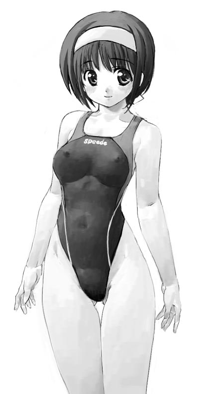 competition_swimsuit greyscale hairband highleg highleg_swimsuit kiyama_satoshi monochrome one-piece_swimsuit original short_hair swimsuit