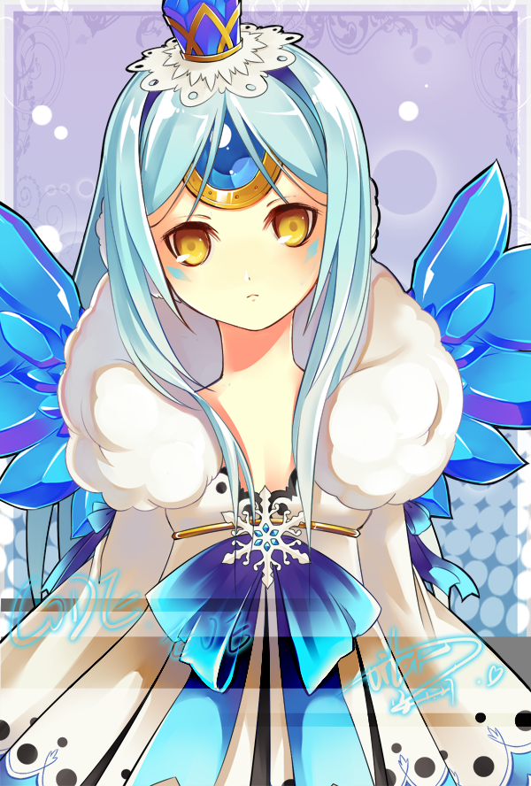 bad_id bad_pixiv_id blue_hair crown dress elsword eve_(elsword) expressionless forehead_jewel light_blue_hair long_hair snowflakes solo vilor yellow_eyes