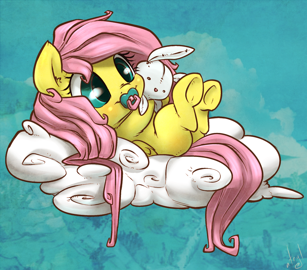 atryl blue_eyes cloud cub cute equine female feral fluttershy_(mlp) friendship_is_magic fur hair horse mammal my_little_pony pacifier pegasus pink_hair plushie pony sky solo wings yellow_fur young