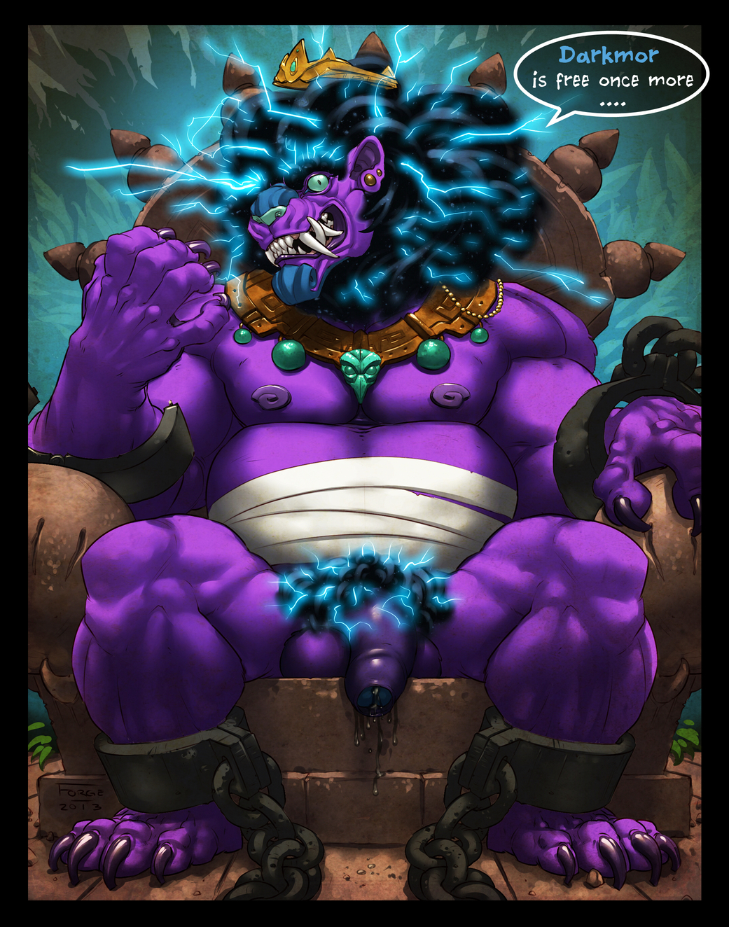abs angry anthro balls biceps big_balls big_penis bound chain chubby claws clothed clothing crown darkmor dialog english_text fantasy foodog forge girthy golden green_eyes hair half-dressed lightning male musclegut muscles necklace nipples nude overweight pecs penis piercing prince purple purple_skin royalty solo stone teeth text thewielder throne topless uncut warrior
