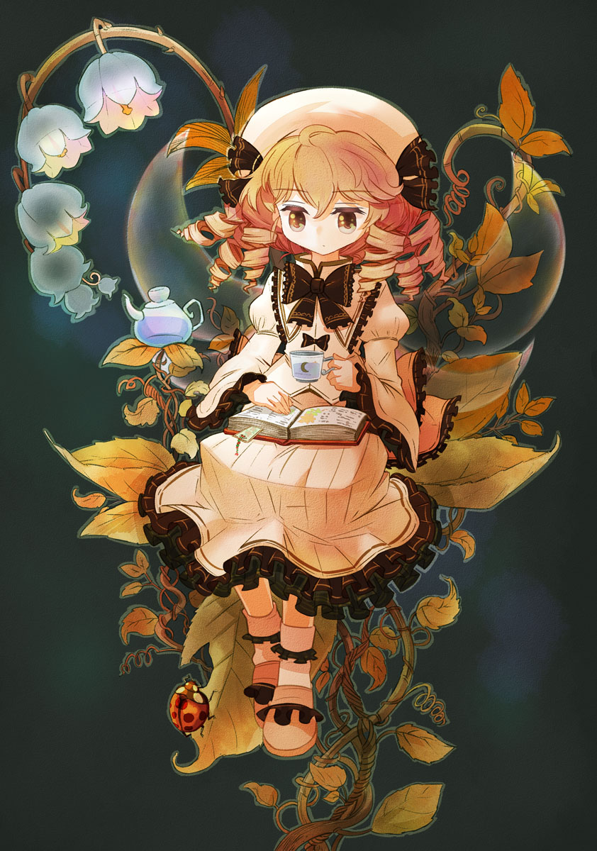 blonde_hair book brown_eyes bug crescent cup dress drill_hair flower hair_ribbon hat highres insect ladybug lily_of_the_valley long_sleeves luna_child open_book plant reading ribbon short_hair simple_background sitting slippers solo touhou uma_(ninjin_misaki) vines wings