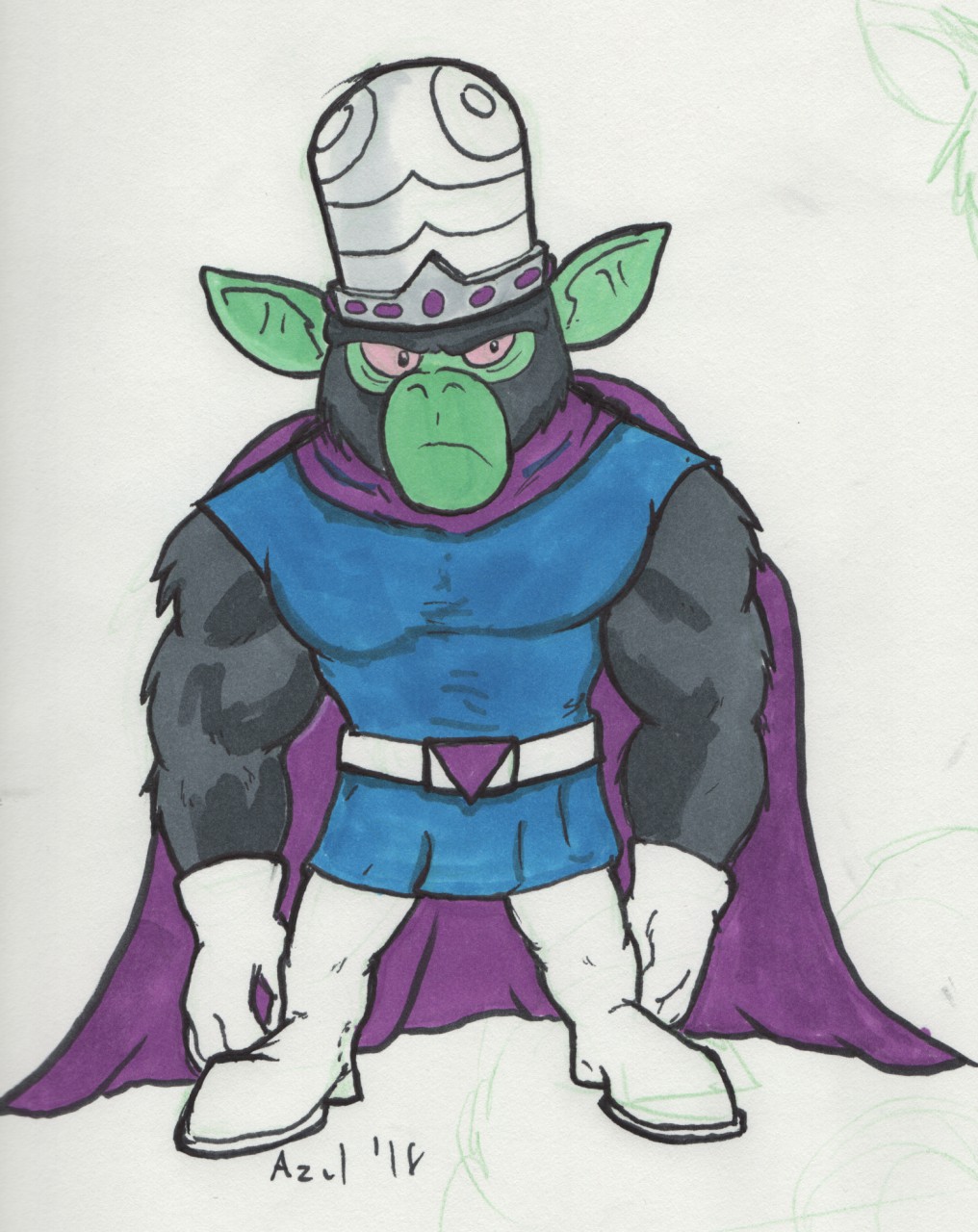 2018 armor azul_(artist) cape cartoon_network clothing frown helmet male mammal mojo_jojo powerpuff_girls primate solo