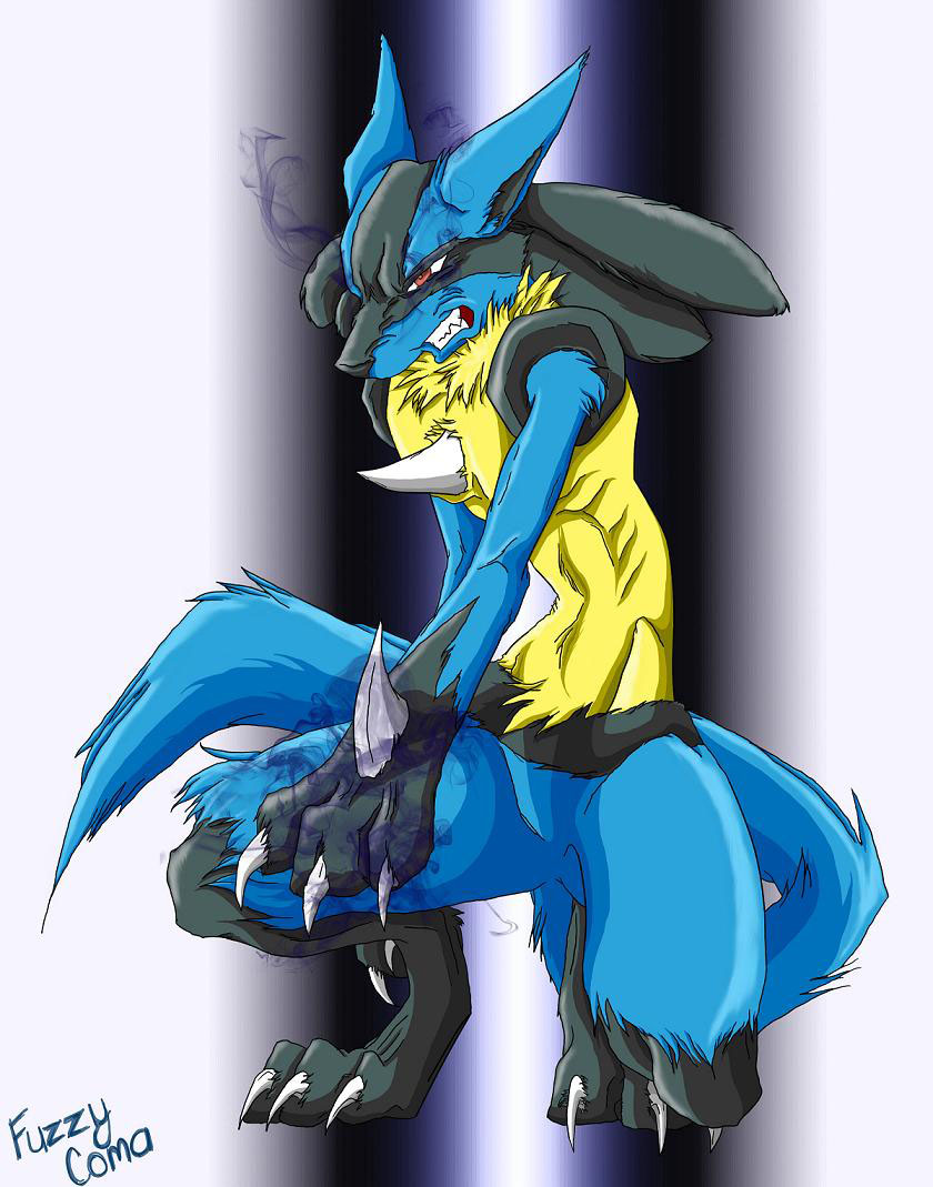 angry anime aura bad_ass claws clenched_teeth eye_mist fur fuzzycoma kneeling lucario male muscles nintendo pecs pok&#233;mon pok&eacute;mon rage red_eyes sharp_teeth skinny solo spikes spread_legs spreading squint teeth video_games