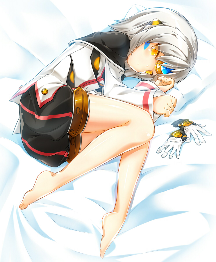 another_code_(elsword) bad_id bad_pixiv_id bare_legs barefoot black_capelet capelet elsword eve_(elsword) expressionless full_body gloves long_sleeves lying on_side poseich shirt short_hair shorts solo white_hair yellow_eyes