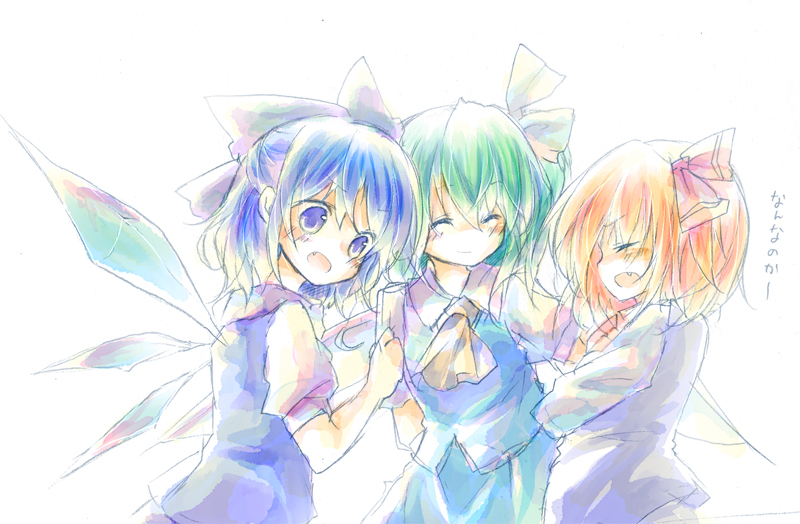 ascot bad_id bad_pixiv_id blonde_hair blue_eyes blue_hair blush bow cirno closed_eyes crossed_arms daiyousei fairy_wings fang green_hair hair_bow hair_ribbon hinase_kaguya ice ice_wings multiple_girls ribbon rumia short_hair side_ponytail sketch smile touhou vest white_background wings