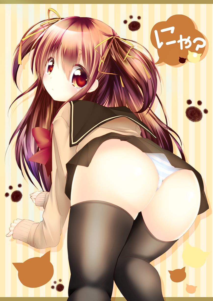 ass black_legwear blush brown_eyes brown_hair from_behind hair_ribbon highres long_hair looking_at_viewer looking_back open_mouth original panties paw_print ribbon skirt solo striped striped_panties sweater thighhighs two_side_up underwear yuncha