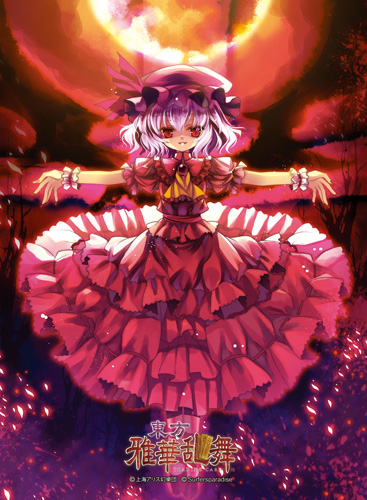 ascot brooch capura_lin dress frilled_dress frills hat hat_ribbon jewelry looking_at_viewer lowres outstretched_arms petals pink_dress puffy_sleeves red_eyes remilia_scarlet ribbon short_sleeves silver_hair solo touhou wrist_cuffs