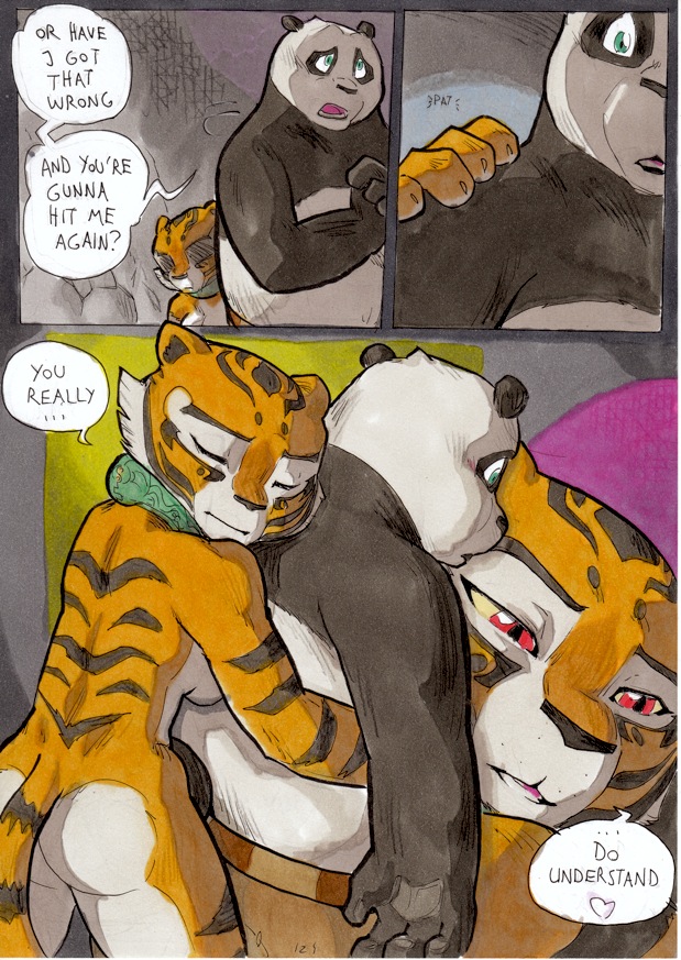 &lt;3 bear better_late_than_never blush breasts butt collar comic daigaijin dialog duo english_text feline female green_eyes hug kung_fu_panda lol_comments male mammal master_tigress nude open_mouth panda po red_eyes text tiger