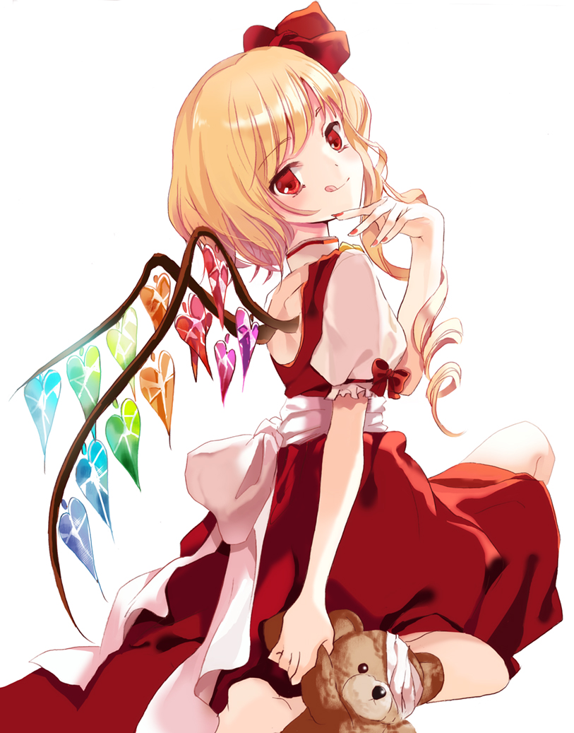 :d back_cutout bad_id bad_pixiv_id blonde_hair cierra_(ra-bit) drill_hair flandre_scarlet hair_ribbon nail_polish no_hat no_headwear open_mouth red_eyes ribbon side_ponytail simple_background skirt skirt_set smile solo stuffed_animal stuffed_toy teddy_bear tongue tongue_out touhou white_background wings