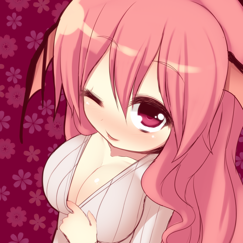 ;) blush breasts cleavage collarbone head_wings koakuma kuresento large_breasts long_hair looking_at_viewer one_eye_closed parted_lips red_eyes red_hair ribbed_sweater smile solo sweater touhou