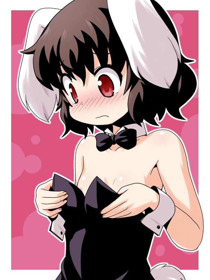 animal_ears areola_slip areolae black_hair blush bunny_ears bunny_girl bunny_tail bunnysuit detached_collar flat_chest haruna_mao inaba_tewi md5_mismatch nose_blush red_eyes solo tail touhou wrist_cuffs