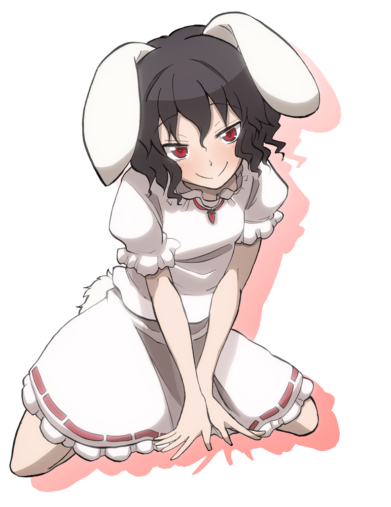 :&gt; animal_ears black_hair blush bunny_ears bunny_tail inaba_tewi looking_at_viewer red_eyes short_hair simple_background smile solo tail touhou tsuji_kazuho v_arms white_background