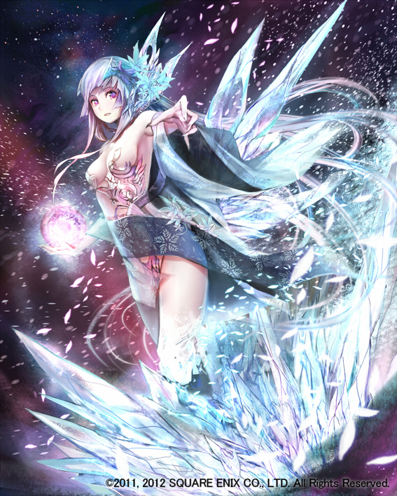 akaitera banned_artist blue_hair breasts cleavage flower hair_ornament ice long_hair md5_mismatch medium_breasts monster_x_dragon orb pink_eyes shawl snow solo