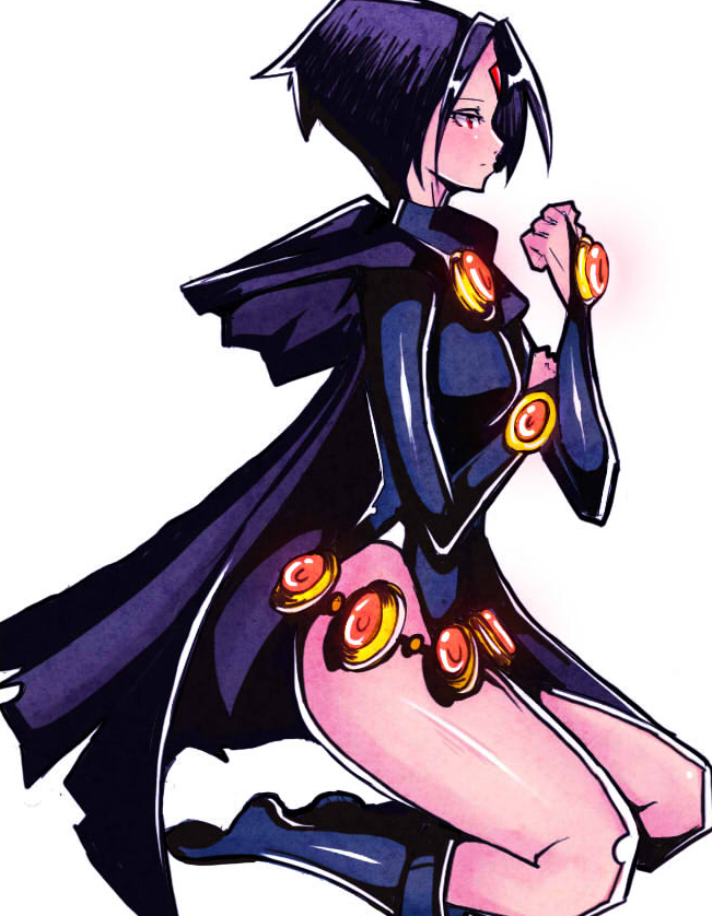 belt boots cape dc_comics forehead_jewel from_side purple_hair raven_(dc) short_hair sitting solo teen_titans white_background zxc