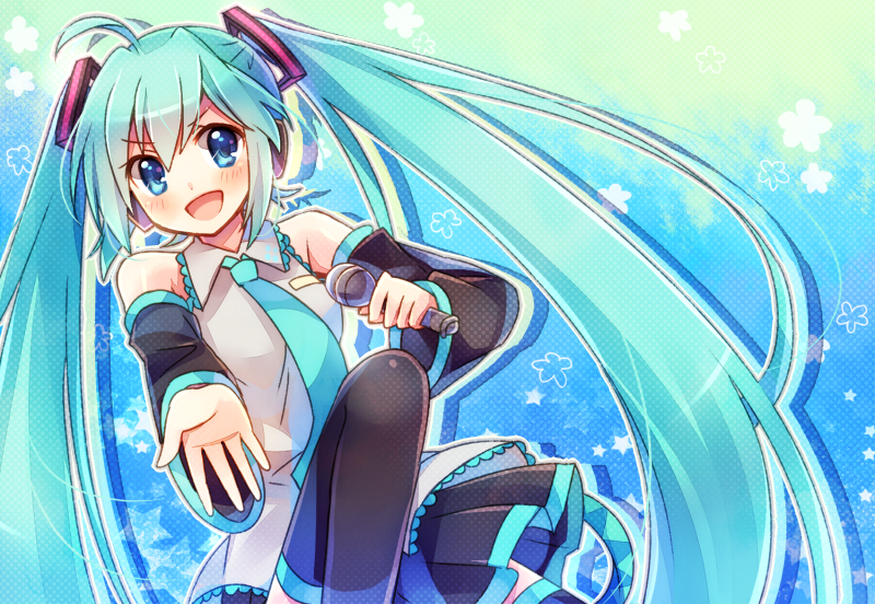 ahoge aqua_hair blue_eyes detached_sleeves hatsune_miku long_hair microphone moe_on_drop necktie open_mouth skirt solo thighhighs twintails very_long_hair vocaloid