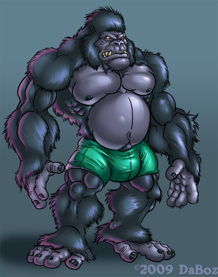 angry anthro ape baring_teeth belly biceps big_muscles black_fur boxers bulge chubby clenched_teeth clothed clothing da_boz fangs fur gorilla half-dressed male mammal musclegut muscles navel nipples pecs pose primate red_eyes shorts solo standing teeth topless underwear