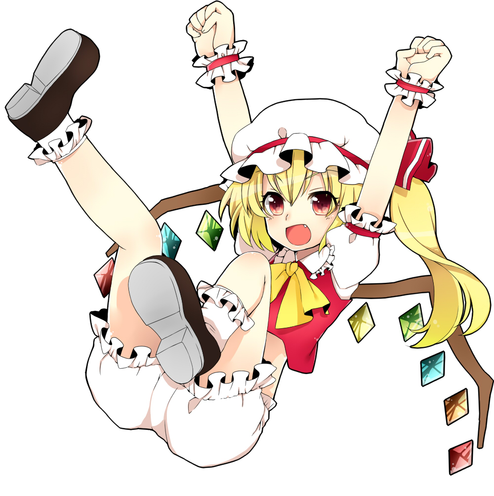 arms_up ascot blonde_hair bloomers bobby_socks fang flandre_scarlet hat hat_ribbon masato_ayame no_pants open_mouth red_eyes ribbon short_hair side_ponytail simple_background smile socks solo touhou underwear white_background wings wrist_cuffs