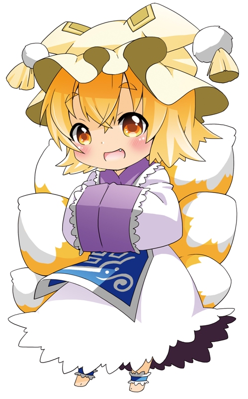 berry_jou blonde_hair blush chibi dress fang fox_tail hands_in_opposite_sleeves hat long_sleeves looking_at_viewer multiple_tails open_mouth short_hair smile solo tabard tail touhou white_dress wide_sleeves yakumo_ran yellow_eyes