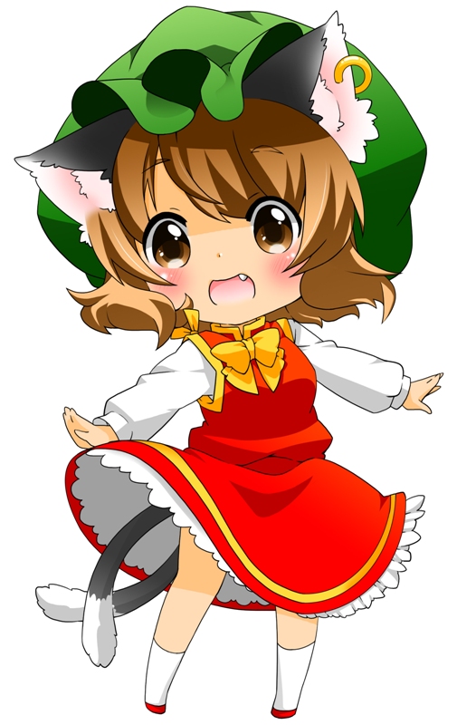 animal_ears berry_jou bow brown_eyes brown_hair cat_ears cat_tail chen chibi dress earrings hat jewelry long_sleeves looking_at_viewer multiple_tails nekomata outstretched_arms red_dress shirt short_hair simple_background single_earring solo standing tail touhou white_background