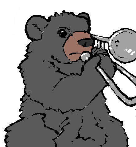 bear brown frown looking_at_viewer mammal musical_instrument plain_background simple_background solo trombone unknown_artist white_background