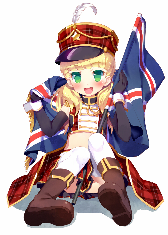 :d band_uniform black_gloves blonde_hair blush boots color_guard elbow_gloves fang flag full_body gloves green_eyes hat hat_feather idolmaster idolmaster_cinderella_girls long_hair looking_at_viewer marching_band mary_cochran meito_(maze) open_mouth sitting skirt smile solo star thighhighs union_jack white_background white_legwear wrist_cuffs