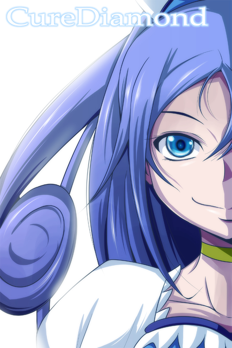 bloom blue_eyes blue_hair character_name choker closed_mouth collarbone cure_diamond curly_hair dokidoki!_precure face highres hishikawa_rikka long_hair magical_girl nishi_koutarou out_of_frame portrait precure simple_background smile solo white_background