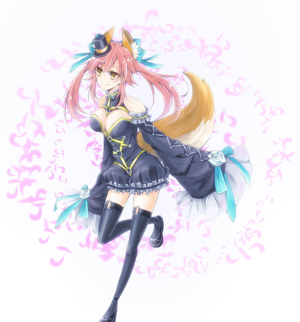 animal_ears bare_shoulders black_legwear bow breasts cleavage detached_sleeves dress fate/extra fate_(series) fox_ears fox_tail frills gothic_lolita hair_bow hair_ribbon hat large_breasts lolita_fashion pink_hair ribbon smile solo tail tamamo_(fate)_(all) tamamo_no_mae_(fate) thighhighs twintails watoson yellow_eyes