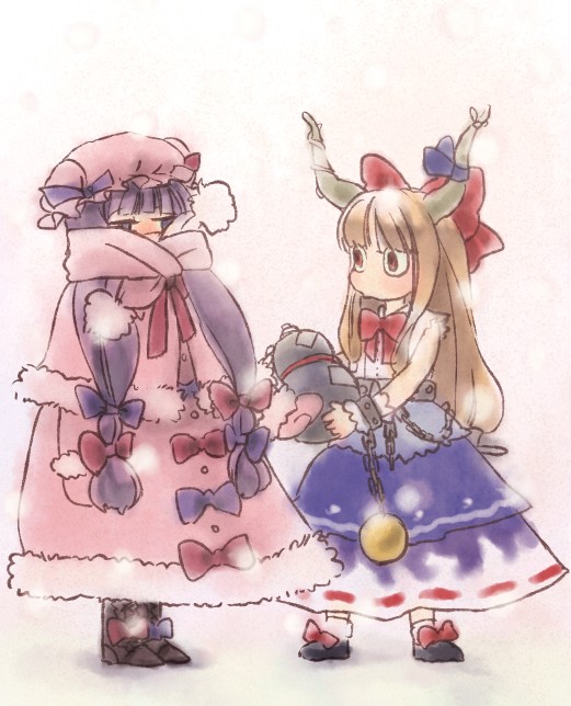 bow brown_eyes brown_hair coat gourd hat horns ibuki_suika mow multiple_girls patchouli_knowledge purple_eyes purple_hair ribbon scarf snow touhou winter