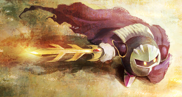armor artist_request cape galaxia_(sword) gloves kirby_(series) mask meta_knight no_humans solo sword weapon yellow_eyes