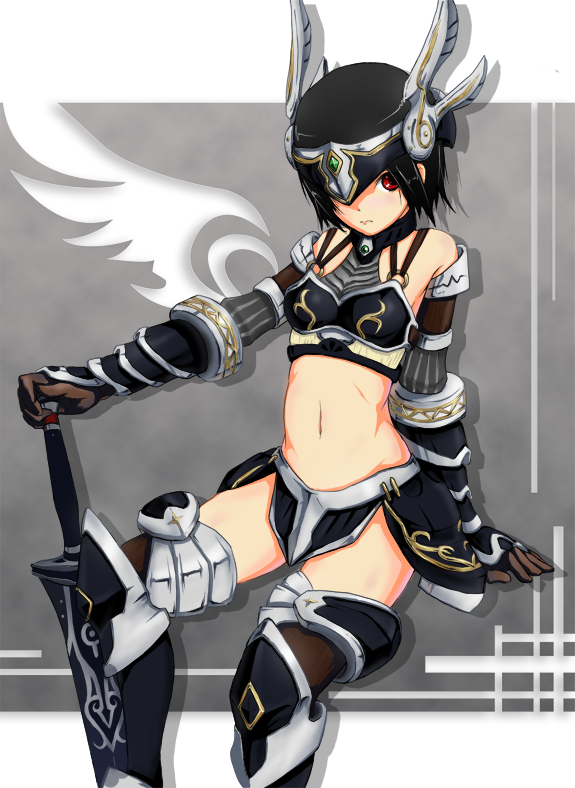 arm_behind_back armor azurai_(lucent_heart) bare_shoulders bikini_armor black_gloves black_hair black_legwear bracer breastplate breasts crop_top crost fantasy faulds gem gloves greaves grey_background halterneck hand_on_hilt helm helmet holding holding_weapon jewelry looking_at_viewer lucent_heart midriff miniskirt navel neck_ring o-ring o-ring_top outstretched_arm red_eyes shadow short_hair side_slit simple_background sitting skirt small_breasts solo sword thighhighs vambraces weapon winged_helmet zettai_ryouiki