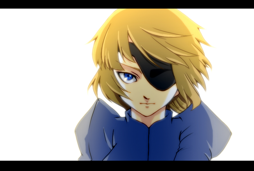 androgynous bad_id bad_pixiv_id blonde_hair bloom blue_eyes eyepatch letterboxed looking_at_viewer original short_hair solo yukarino_soubeni