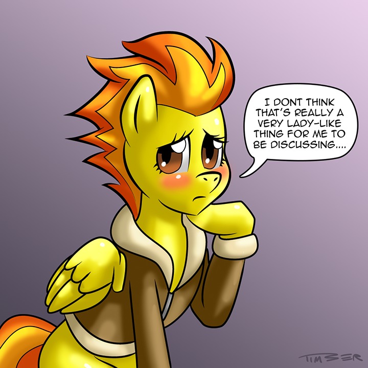 blush brown_eyes clothed clothing english_text equine female feral friendship_is_magic fur gradient_background hair horse looking_at_viewer mammal my_little_pony orange_hair pegasus pluckyninja pony solo spitfire_(mlp) text timber_(artist) wings wonderbolts_(mlp) yellow_fur