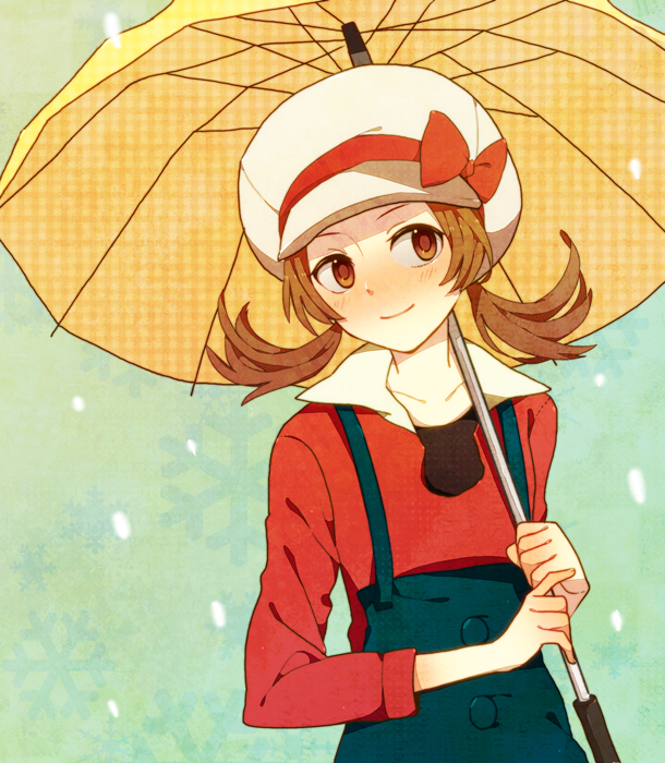 1girl blush brown_eyes brown_hair hat kotone_(pokemon) overalls pokemon pokemon_(game) pokemon_hgss ribbon smile snow solo twintails umbrella yukiguni_(moaism)