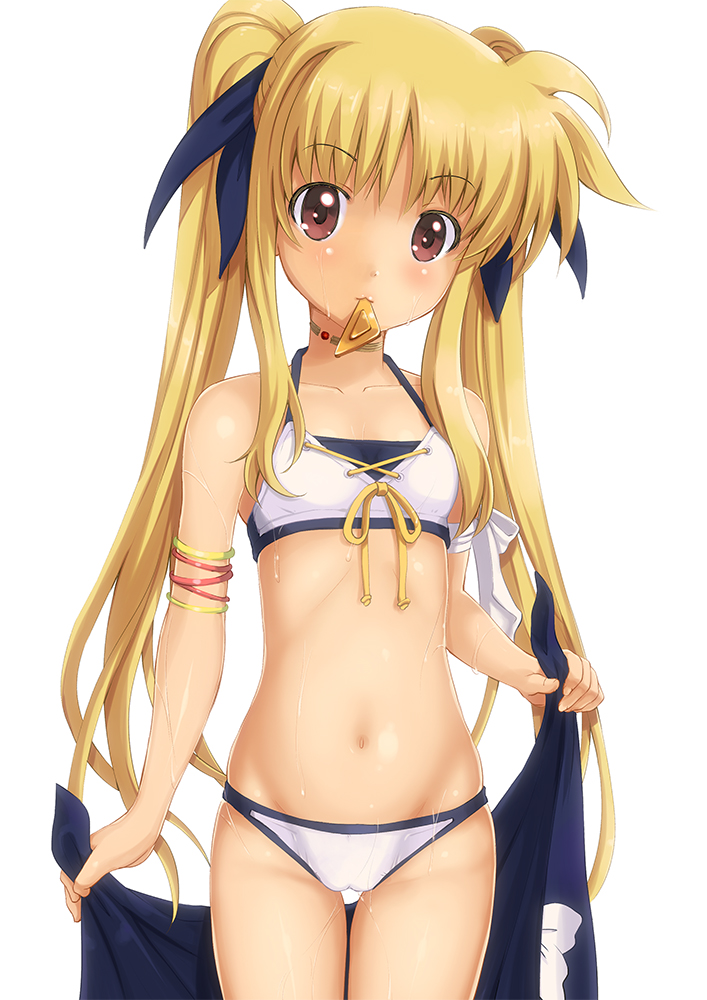 bardiche bikini blonde_hair brown_eyes fate_testarossa long_hair lyrical_nanoha mahou_shoujo_lyrical_nanoha mahou_shoujo_lyrical_nanoha_a's mahou_shoujo_lyrical_nanoha_the_movie_2nd_a's marubonman mouth_hold navel simple_background solo swimsuit triangle twintails white_background