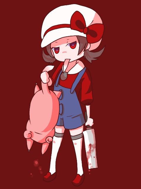 1girl blood brown_hair cleaver eating hat holding kotone_(pokemon) overalls pokemon pokemon_(game) pokemon_hgss red_background red_eyes ribbon short_twintails simple_background slowpoke thighhighs twintails