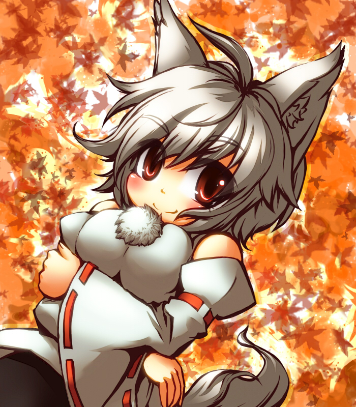 animal_ears breasts detached_sleeves inubashiri_momiji large_breasts looking_at_viewer smile solo tail tanayuma touhou wolf_ears wolf_tail