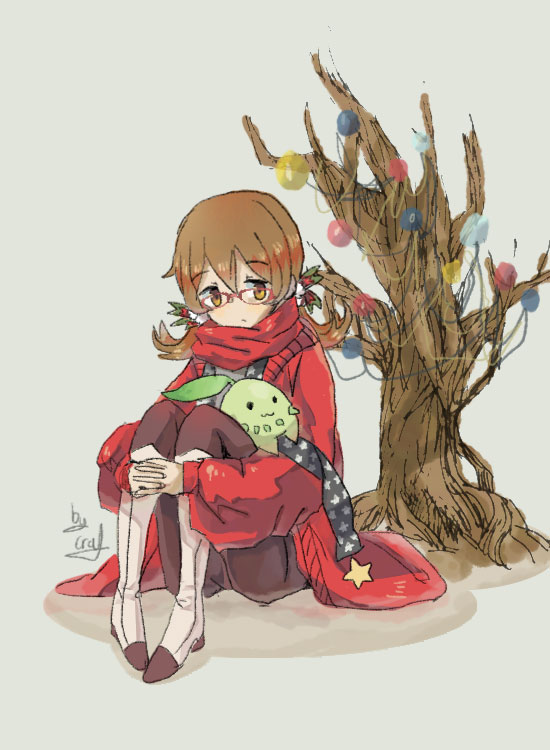 1girl black_legwear boots brown_eyes brown_hair chikorita christmas christmas_ornaments christmas_tree glasses hands_clasped kotone_(pokemon) nintendo pokemon pokemon_(game) pokemon_hgss red-framed_glasses red_scarf scarf simple_background sitting solo sweater twintails