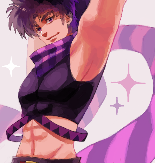 abs armpits arms_up drawr jojo_no_kimyou_na_bouken jojo_pose joseph_joestar_(young) male_focus oh_1234 pose purple purple_eyes purple_hair scarf solo sparkle striped striped_scarf