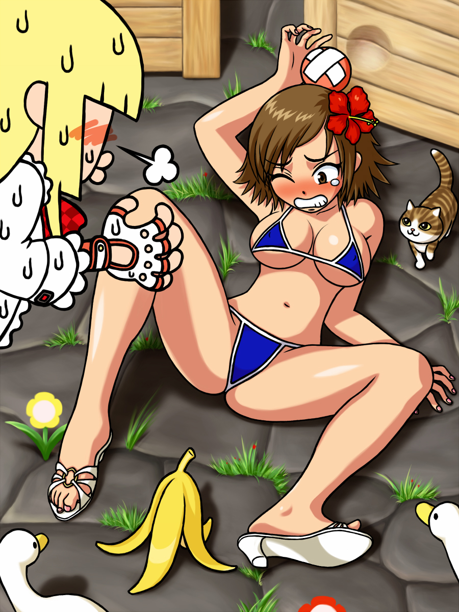 2girls bikini breasts cat emilie_de_rochefort high_heels highres kazama_asuka lili_(tekken) multiple_girls open_shoes shoes swimsuit tekken wink yamada_ichirou