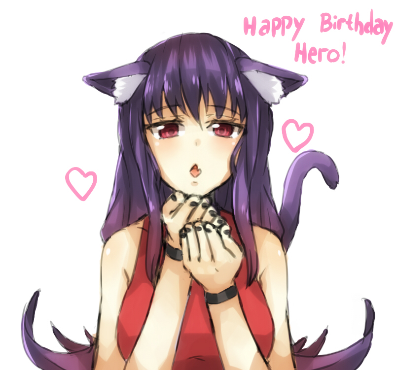 animal_ears bare_shoulders black_nails blown_kiss blush breasts cat_ears cat_tail duel_masters enki_(dragonfire) happy_birthday heart kemonomimi_mode large_breasts long_hair looking_at_viewer nail_polish purple_hair red_eyes simple_background sketch solo tail tasogare_mimi white_background wristband