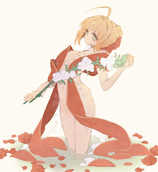 ahoge blonde_hair fate/extra fate_(series) flower green_eyes nero_claudius_(fate) nero_claudius_(fate)_(all) nude ribbon solo tsumi_guilty water