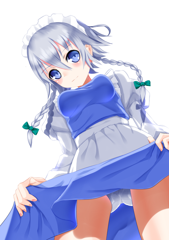 apron bad_id bad_pixiv_id blue_eyes blush braid breasts henet_hene izayoi_sakuya maid maid_headdress medium_breasts panties ribbon short_hair silver_hair skirt smile solo touhou twin_braids underwear white_panties