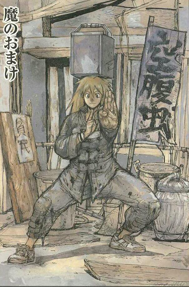 1girl artist_request balance balancing blonde_hair box dorohedoro fighting_stance jump_suit jumpsuit nikaido shoes solo