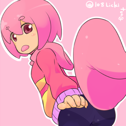 ass blush blush_stickers eyebrows fukurou_(owl222) hood hoodie lickitung looking_back lowres panties panties_under_pantyhose pantyhose pantylines personification pink_background pink_eyes pink_hair pokemon pokemon_(game) short_hair simple_background solo tail tongue tongue_out underwear